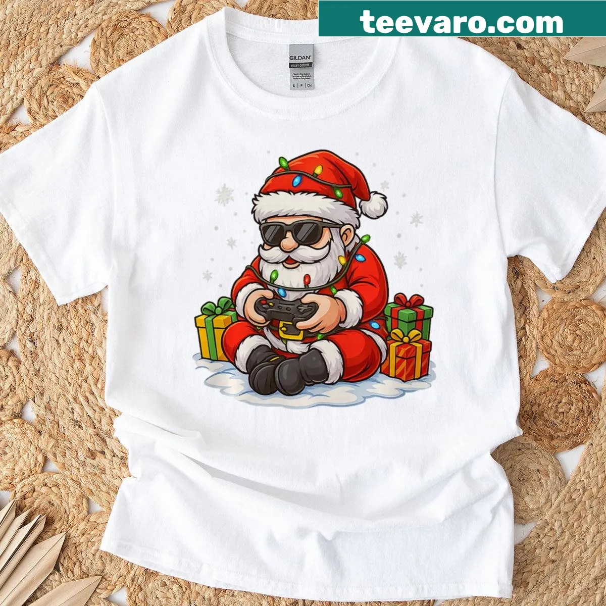 Funny gamer Christmas t-shirt with video game and Santa design — on a men's t-shirt