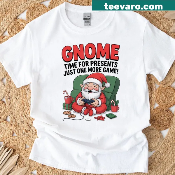 Gamer gnome with a controller and snowflakes on a festive T-shirt
