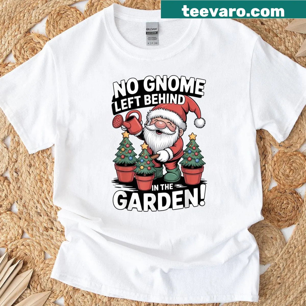 Humorous Christmas t-shirt with garden gnomes celebrating — on a men's t-shirt
