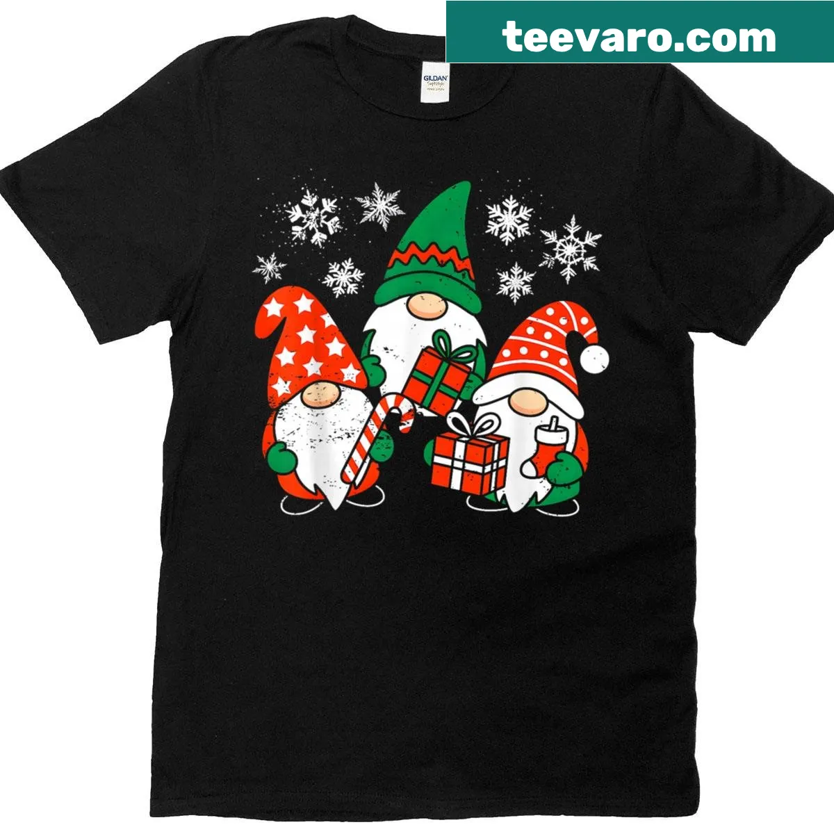 Whimsical t-shirt featuring a family of funny Christmas gnomes — on a men's t-shirt