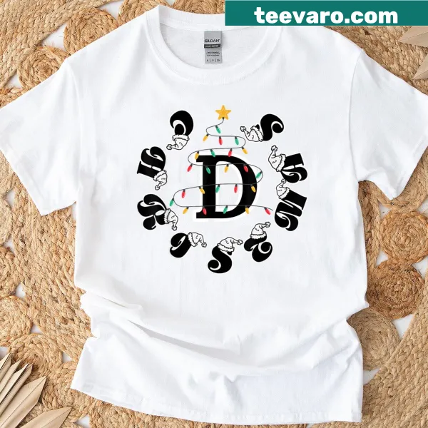 Funny Christmas shirt with Letter D and tree lights design