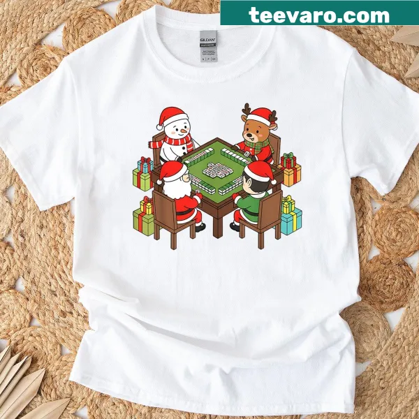 Humorous Christmas t-shirt with Santa and friends playing Mahjong