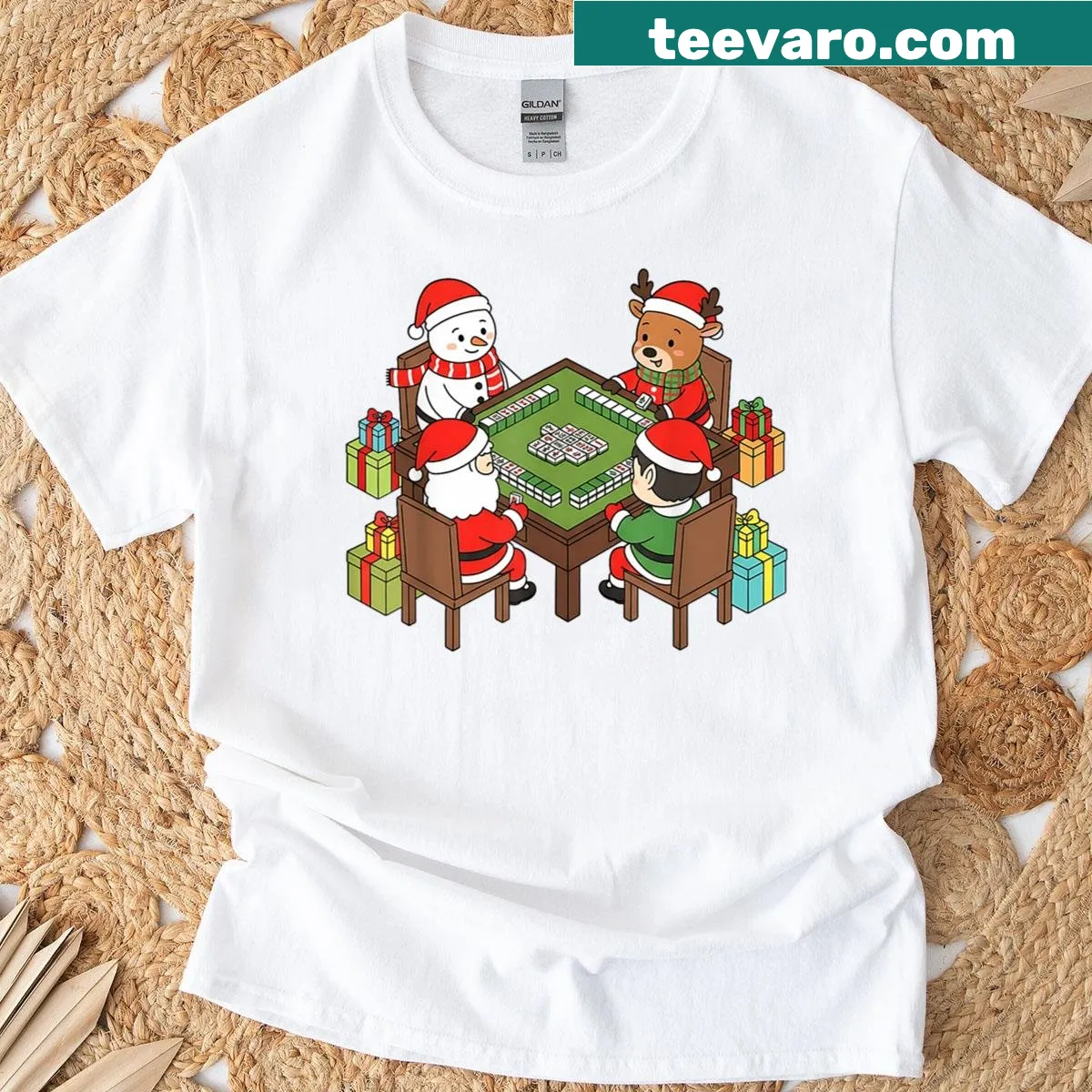 Humorous Christmas t-shirt with Santa and friends playing Mahjong — on a men's t-shirt