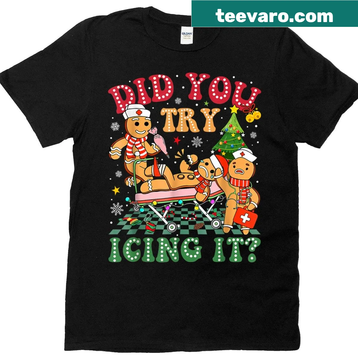 Funny t-shirt for nurses with gingerbread man graphic — on a men's t-shirt