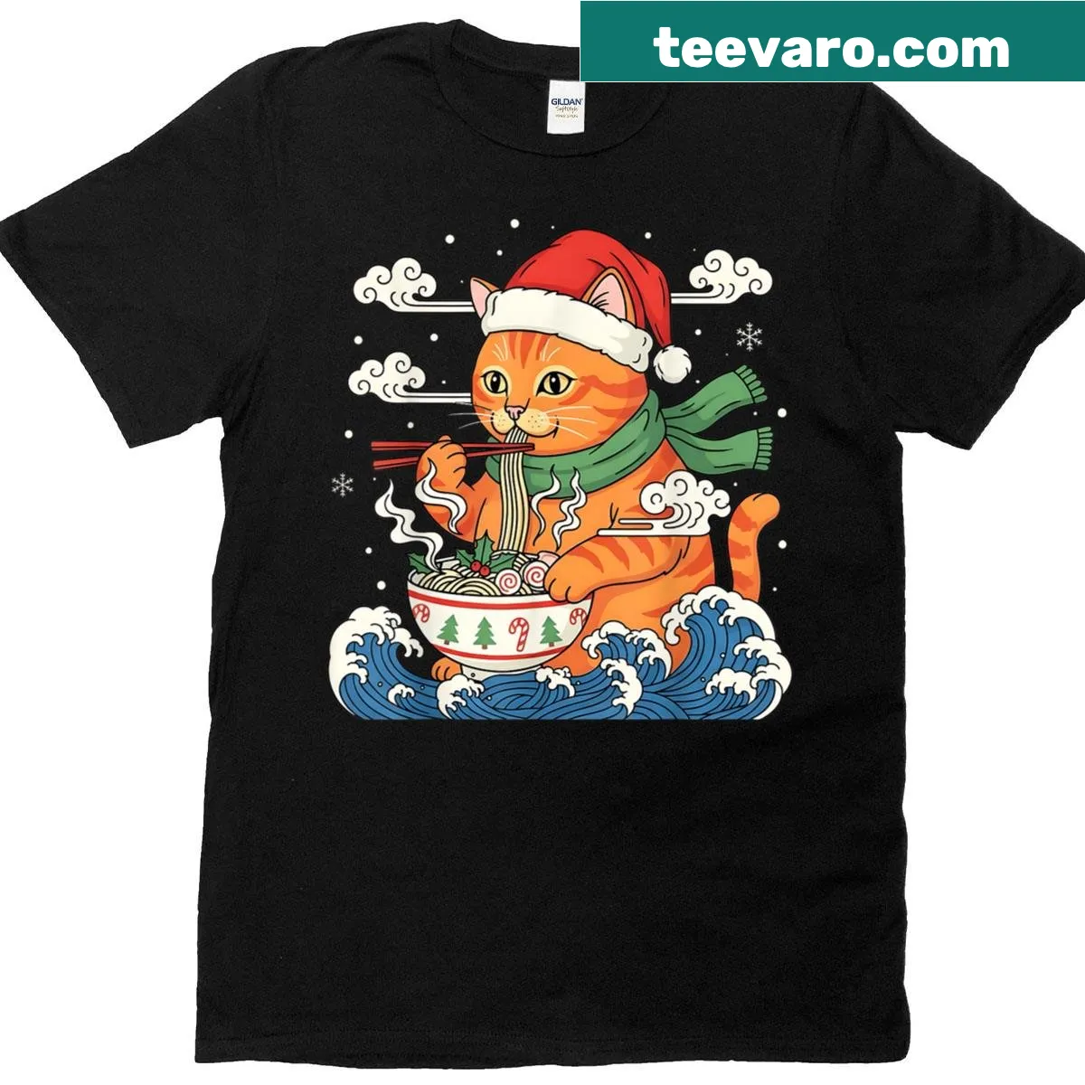 Kawaii cat eating ramen noodles on a Christmas T-shirt — on a men's t-shirt