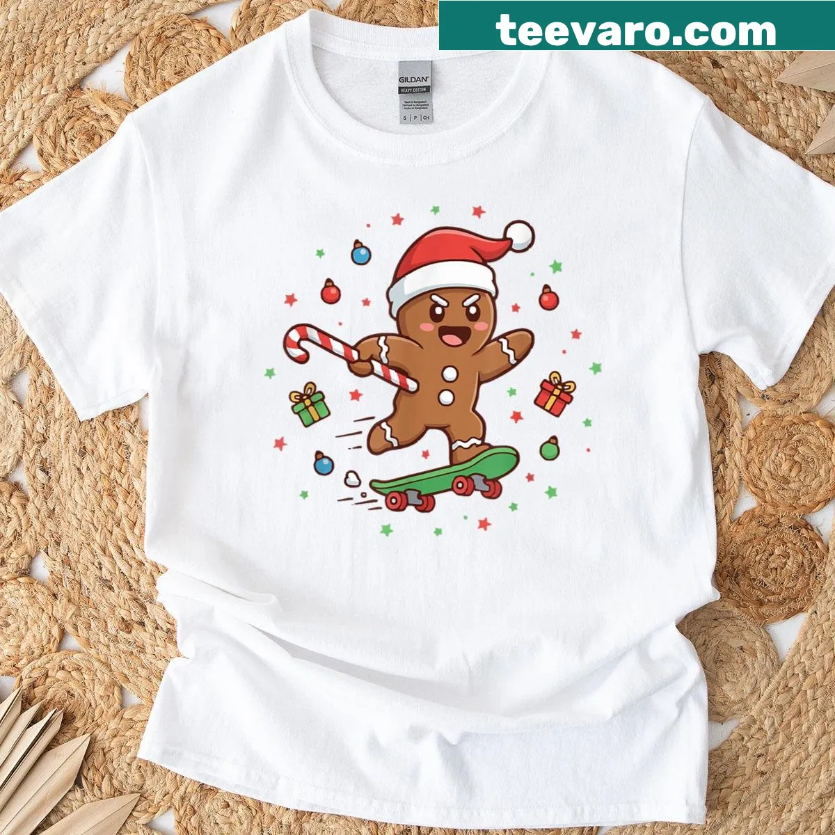 Funny Christmas design with skateboard and baking theme — on a men's t-shirt