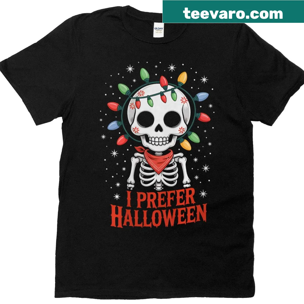 Funny T-shirt with a skeleton saying 'I Prefer Halloween' for Christmas — on a men's t-shirt