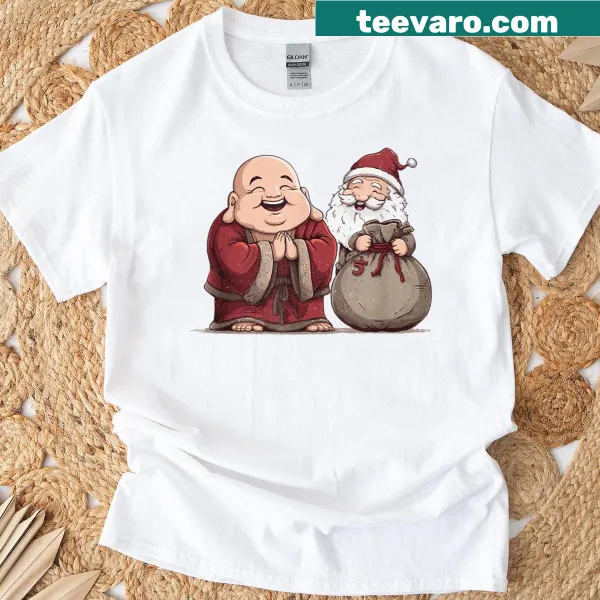 Funny Christmas t-shirt with Santa Claus and Buddha illustration