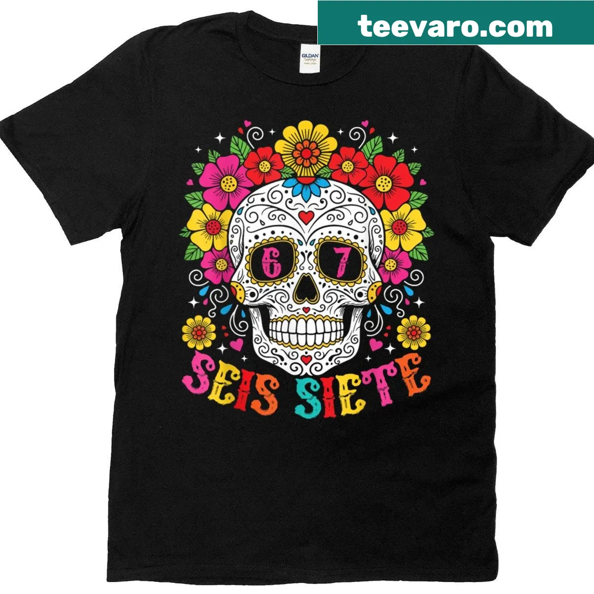 Humorous Dia De Los Muertos sugar skull graphic — on a men's t-shirt