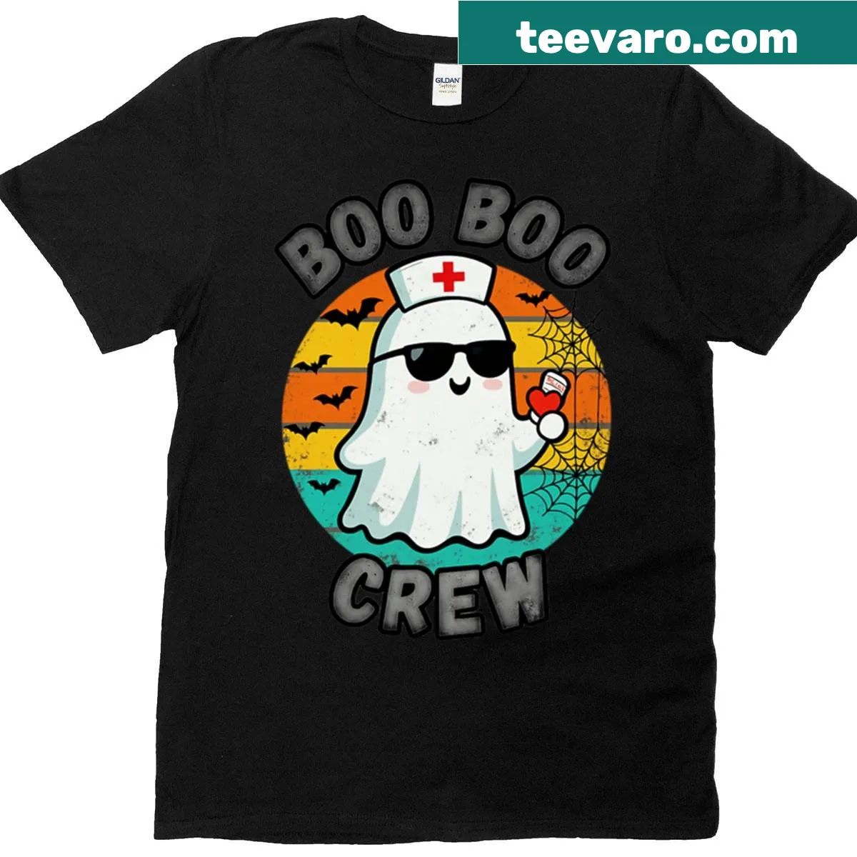 Oversized retro Halloween T-shirt with ghost and 'Boo Boo Crew' text — on a men's t-shirt
