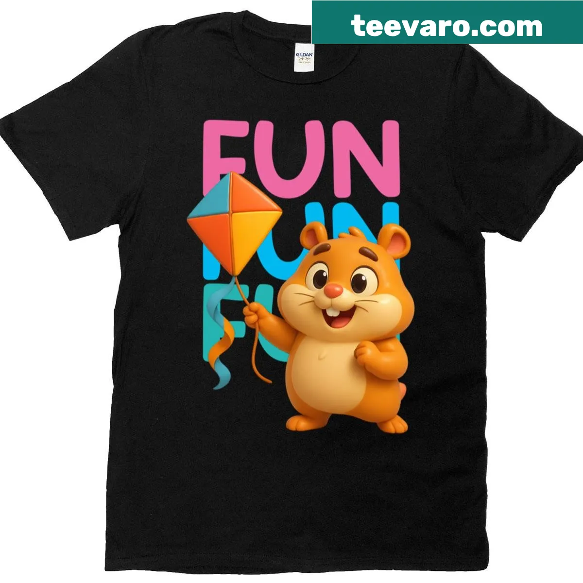 Cartoon of hamster flying a kite on a T-shirt — on a men's t-shirt