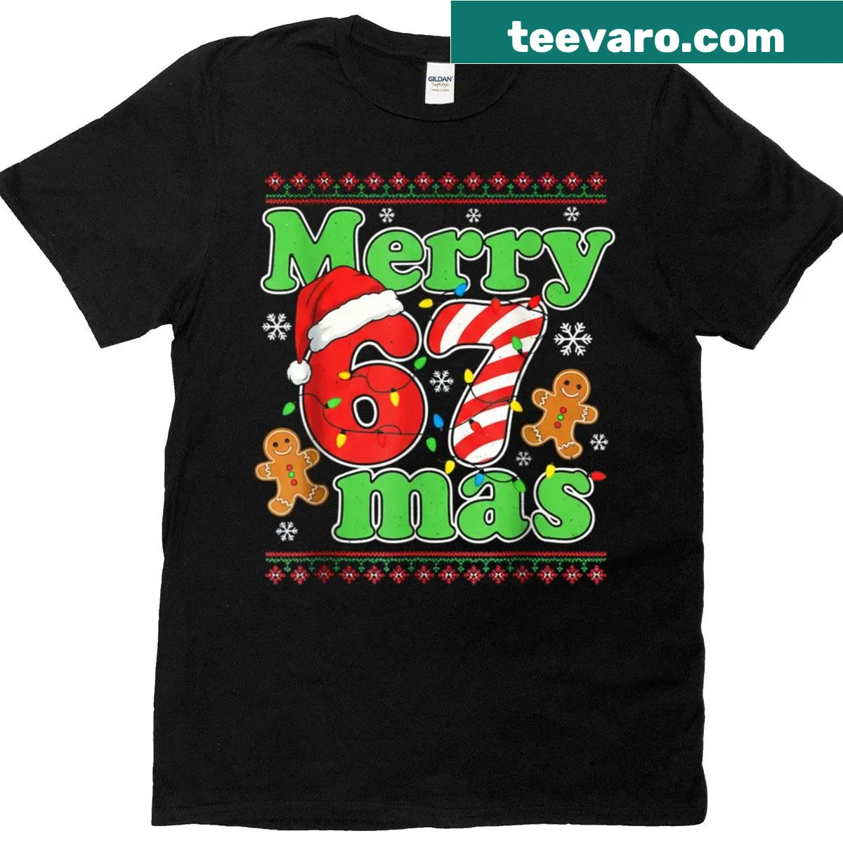 Funny Christmas T-shirt with the phrase 'Merry 67 Mas' — on a men's t-shirt