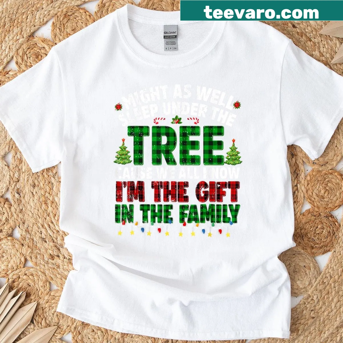 Cartoon child suggesting to sleep under Christmas tree on T-shirt — on a men's t-shirt