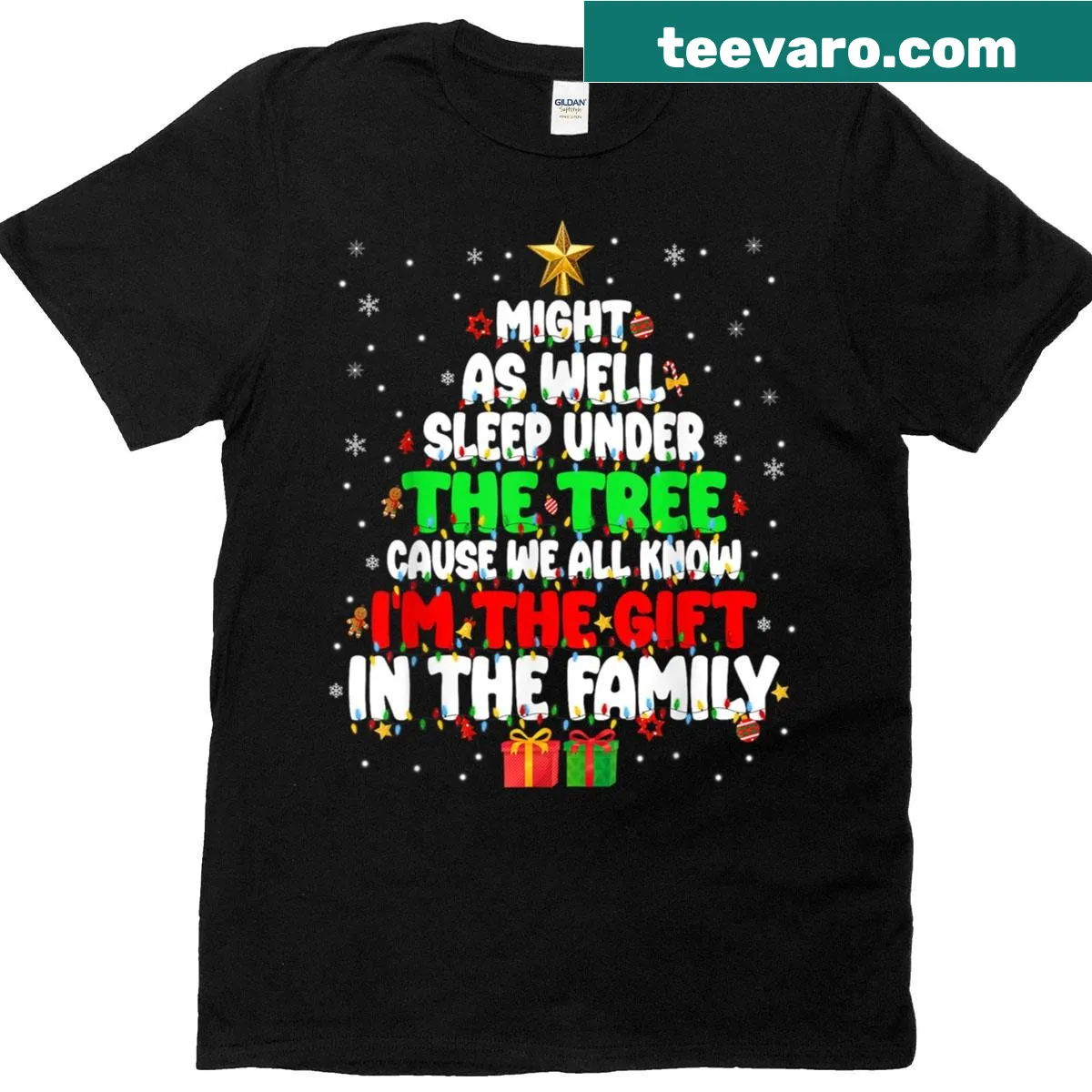 Funny Christmas T-shirt with a humorous phrase about sleeping under the tree — on a men's t-shirt