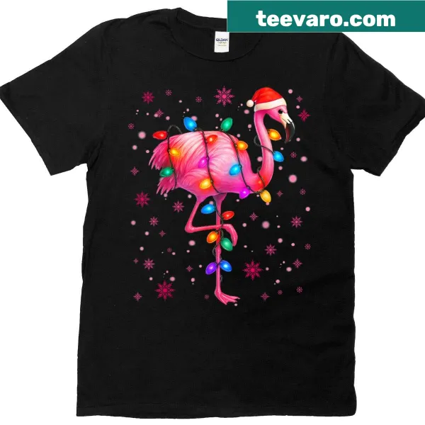 Christmas T-shirt featuring pink flamingos with holiday lights