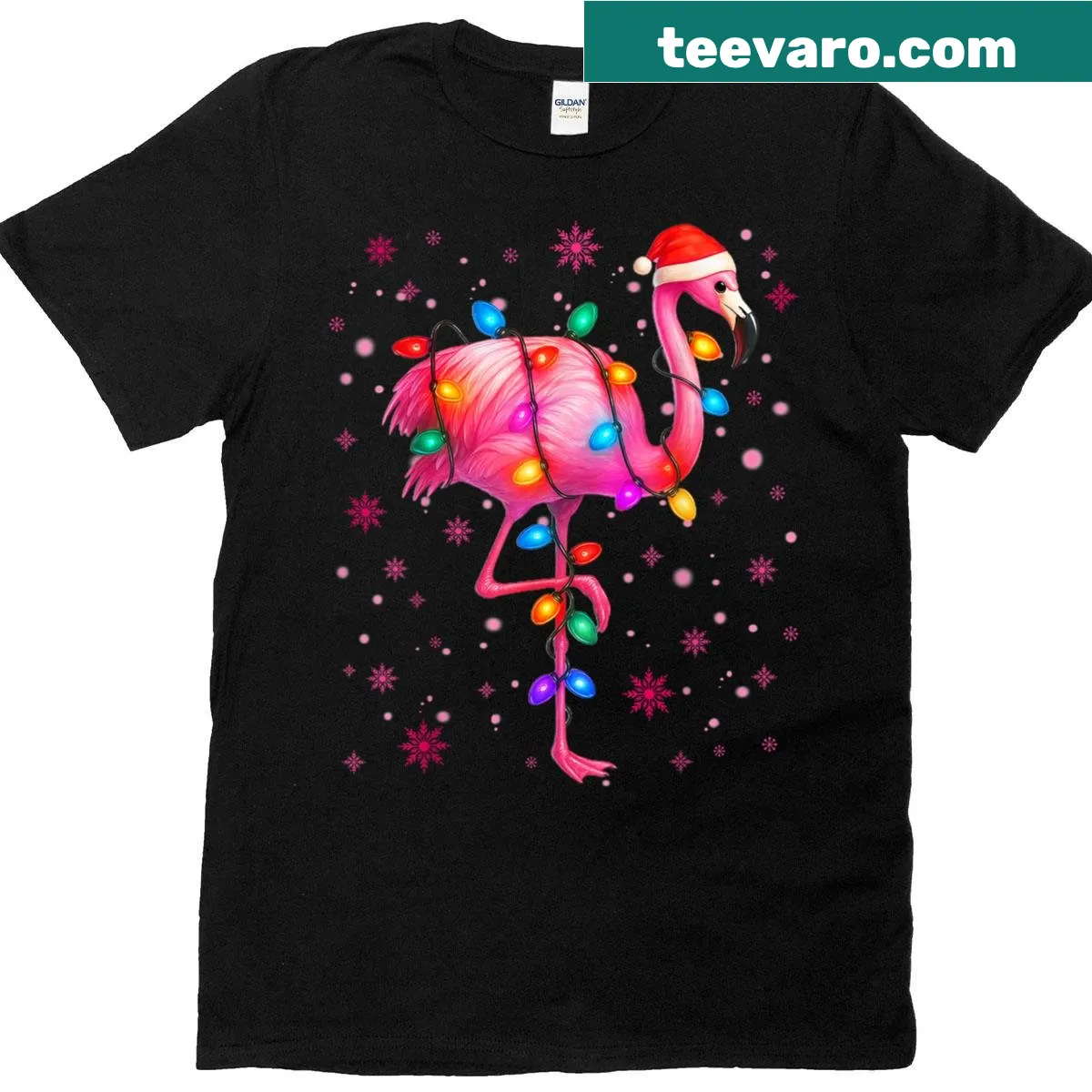 Christmas T-shirt featuring pink flamingos with holiday lights — on a men's t-shirt