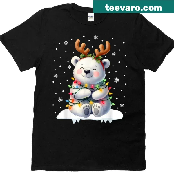 Christmas-themed shirt with a polar bear in lights and antlers