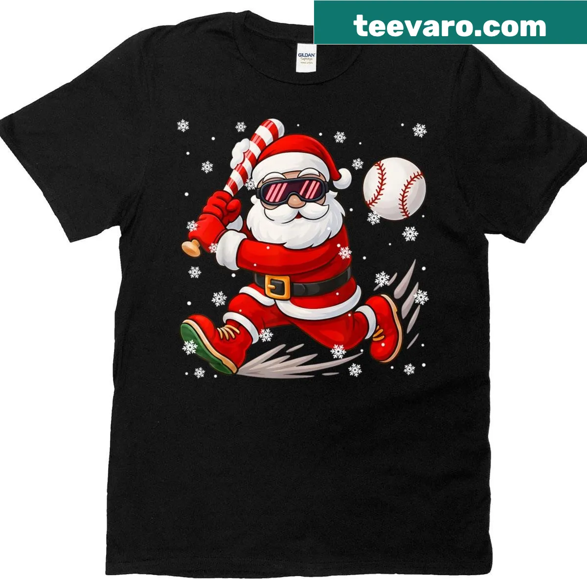 Playful Santa baseball graphic T-shirt for Christmas — on a men's t-shirt