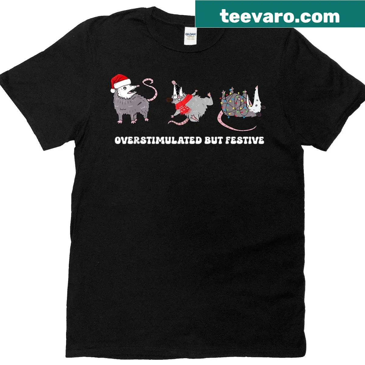 Cartoon opossums with Christmas lights on a funny holiday t-shirt — on a men's t-shirt