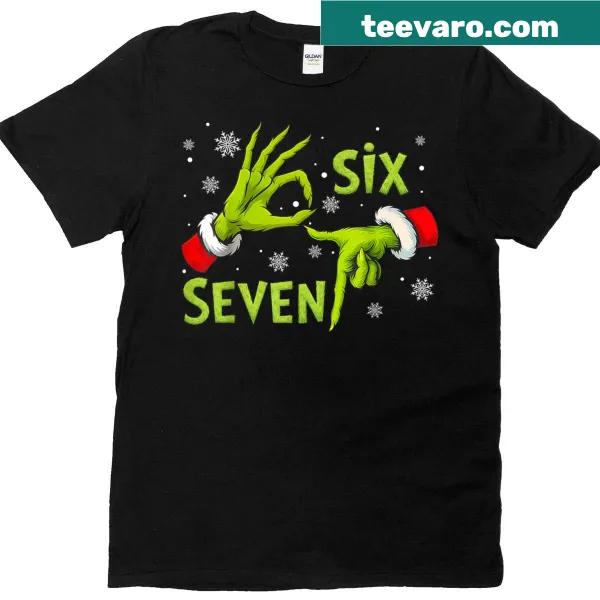 Funny t-shirt featuring 'Six Seven 67' meme and elf hand