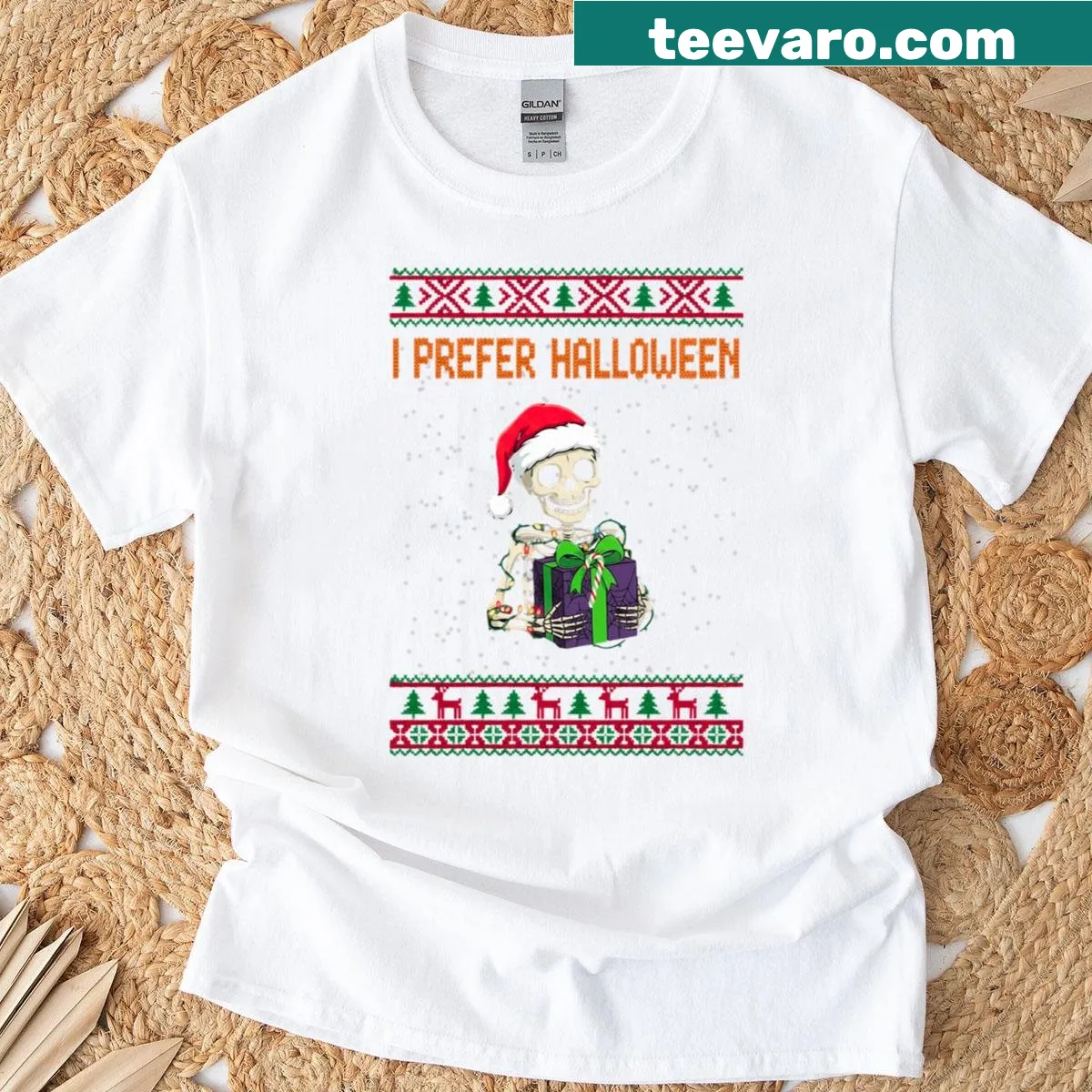 Skeleton in festive attire with Halloween preference graphic — on a men's t-shirt