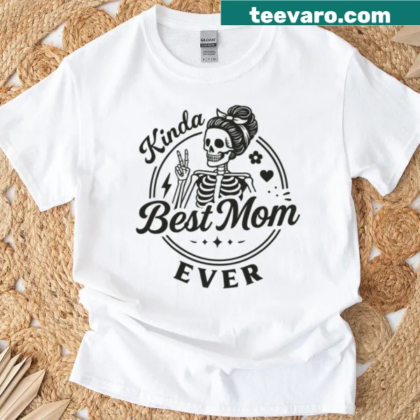 Oversized tee with skeleton graphic and 'Kinda Best Mom' text
