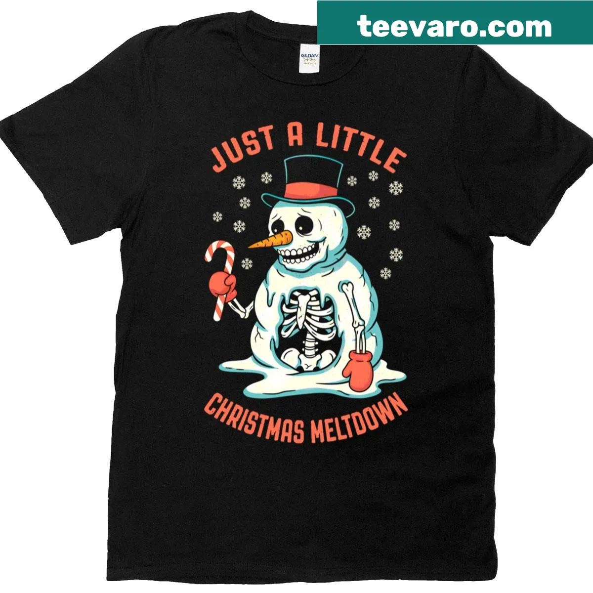 Funny snowman skeleton t-shirt with humorous holiday design — on a men's t-shirt