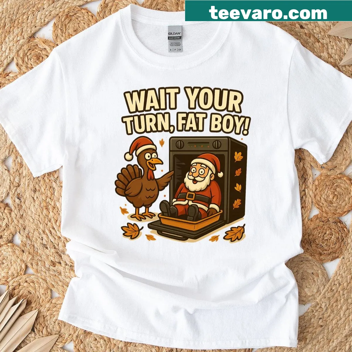 Funny t-shirt featuring a turkey vs Santa Claus illustration — on a men's t-shirt