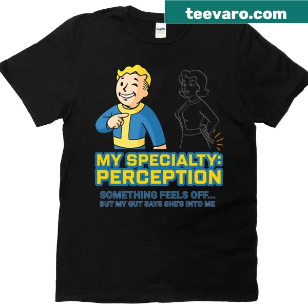 Edgy gaming t-shirt with 'Vault Specialty Perception' text