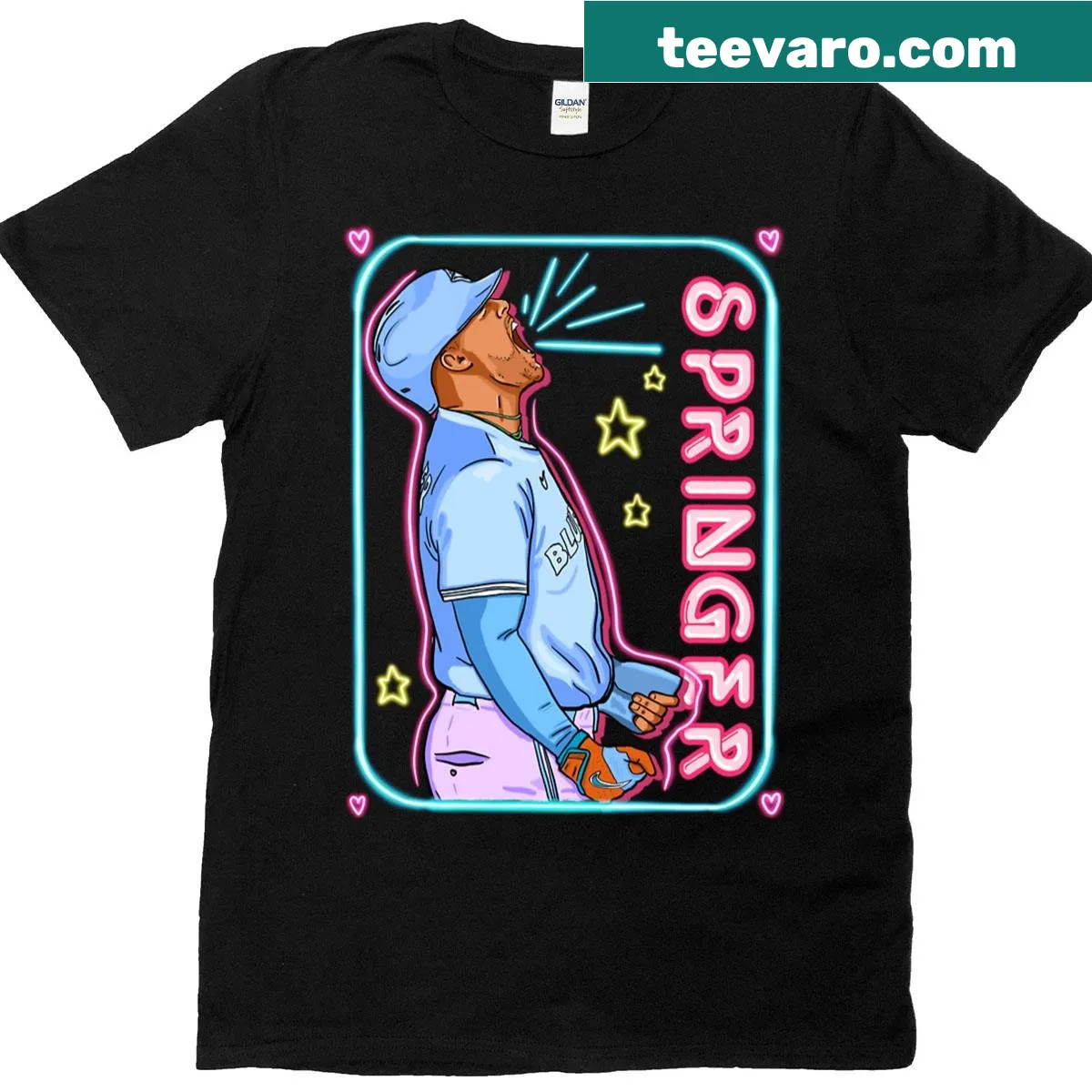 Oversized T-shirt featuring George Springer's name and number — on a men's t-shirt