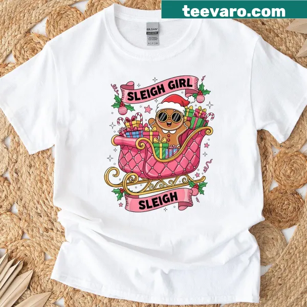 Cute Christmas t-shirt featuring a pink gingerbread sleigh design