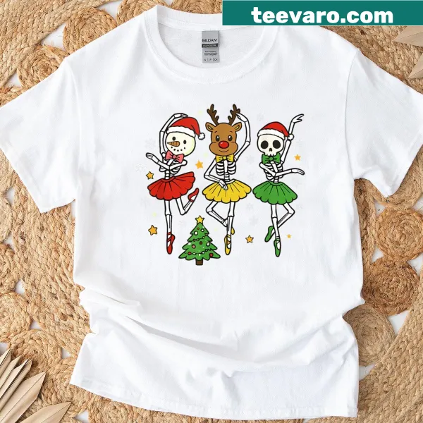 Skeleton ballerina in ballet pose for Christmas-themed shirt.