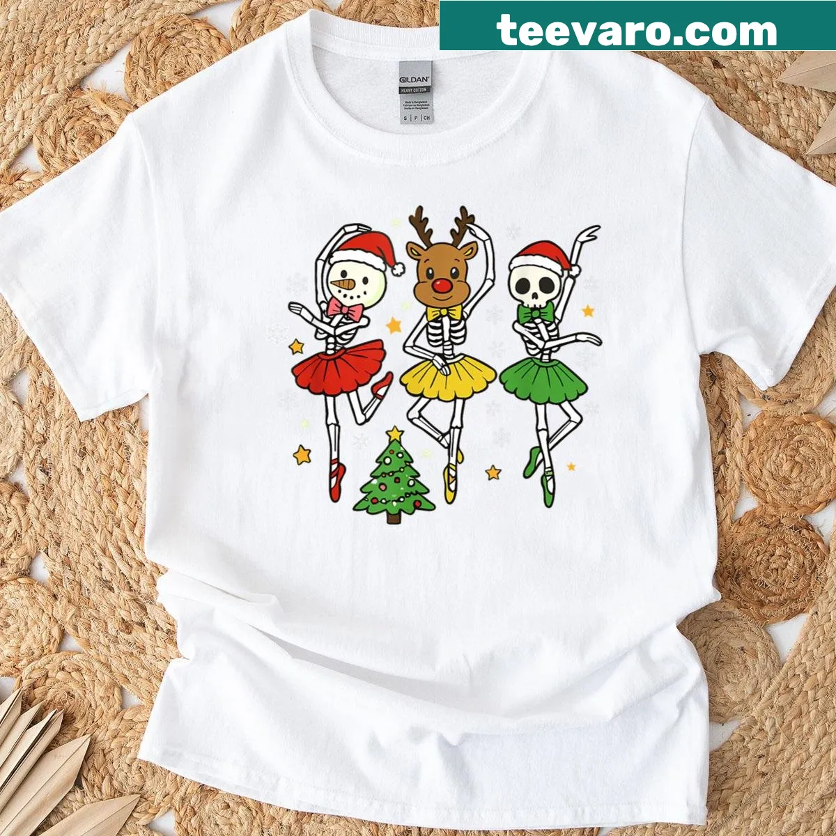 Skeleton ballerina in ballet pose for Christmas-themed shirt. — on a men's t-shirt