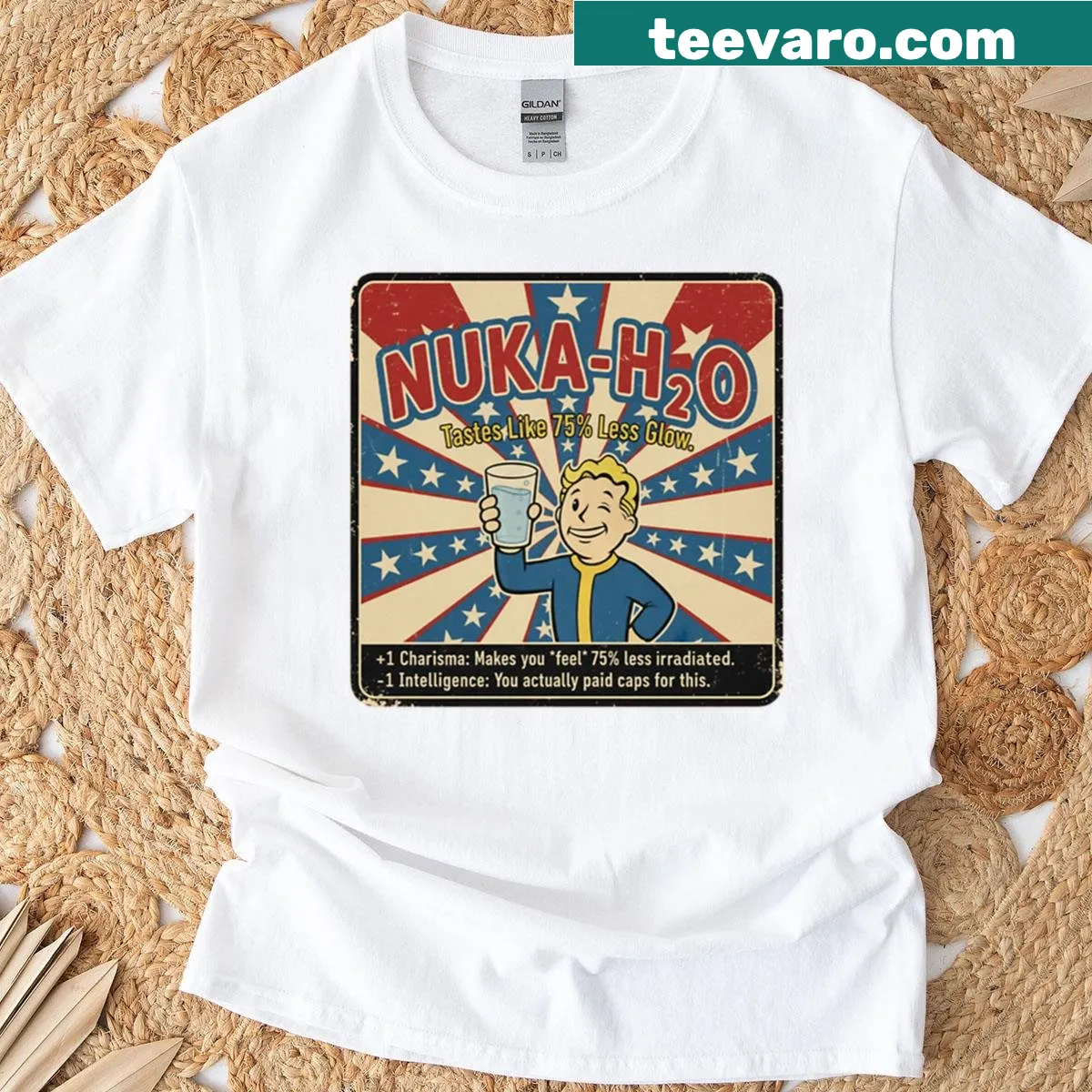 Vintage-style t-shirt featuring a post-apocalyptic water bottle label — on a men's t-shirt