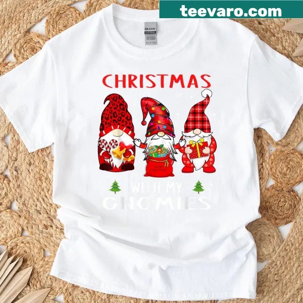Cartoon design of gnomes in plaid celebrating Christmas on a t-shirt