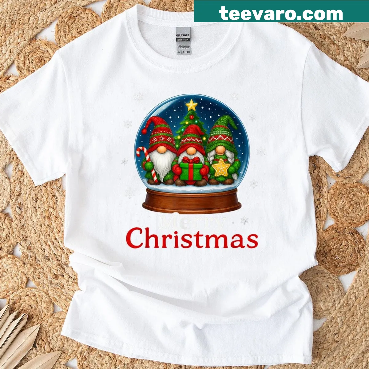 Cute gnome family in a snow globe on a Christmas t-shirt — on a men's t-shirt