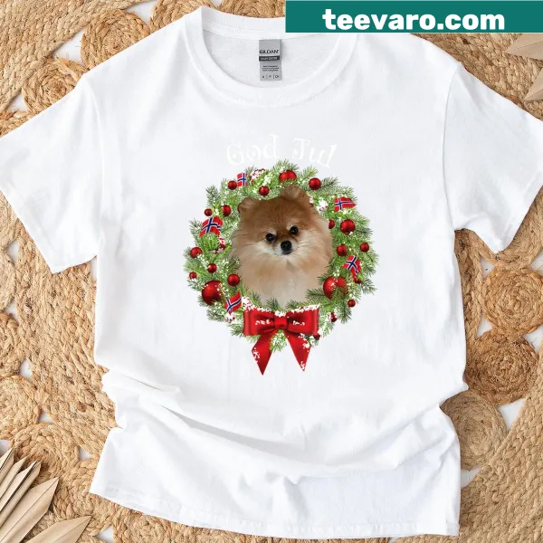 T-shirt featuring a Pomeranian dog in a Christmas wreath