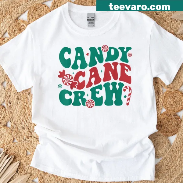 Groovy Candy Cane Crew Christmas T-shirt with cartoon design