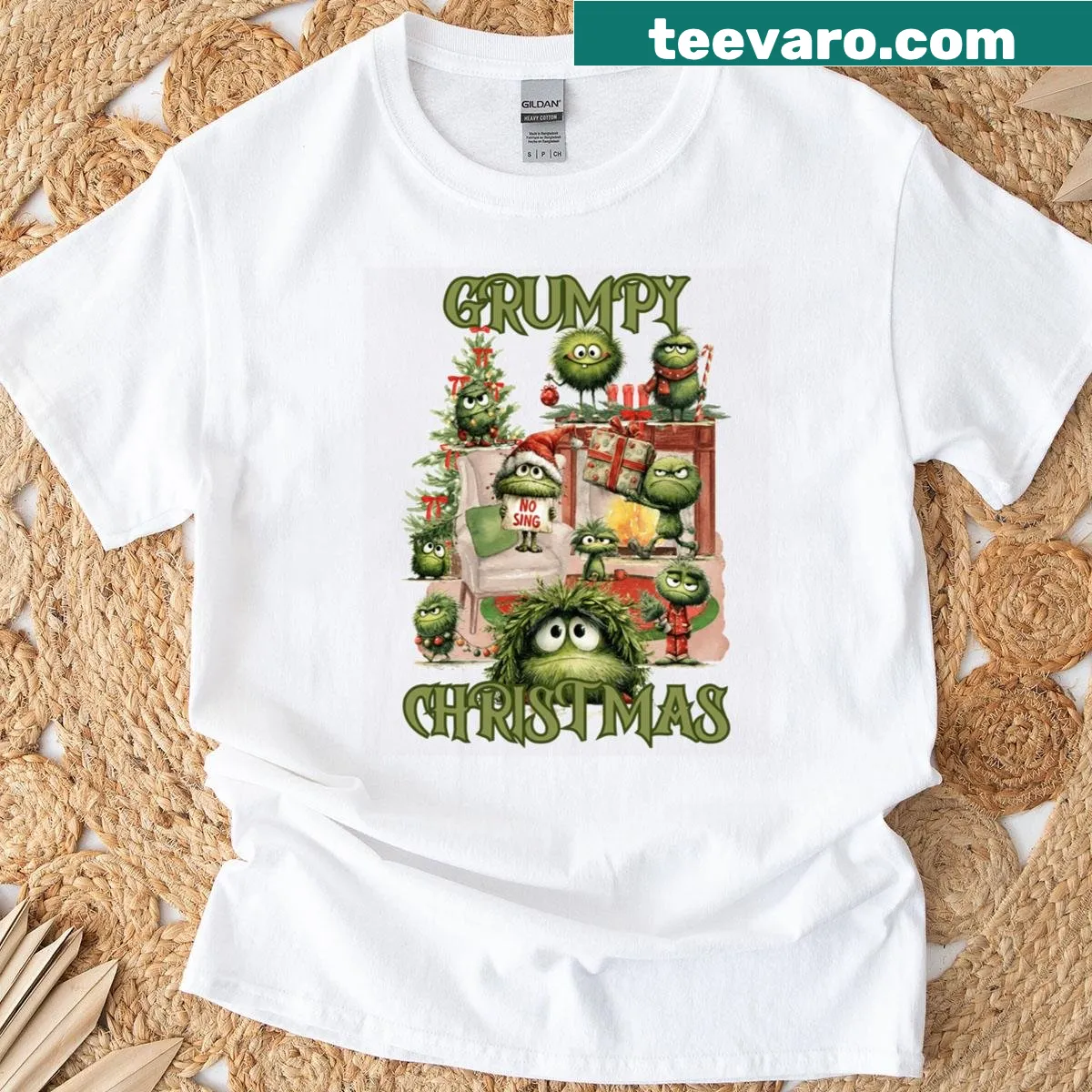 Funny green elves Christmas shirt with cartoon design — on a men's t-shirt