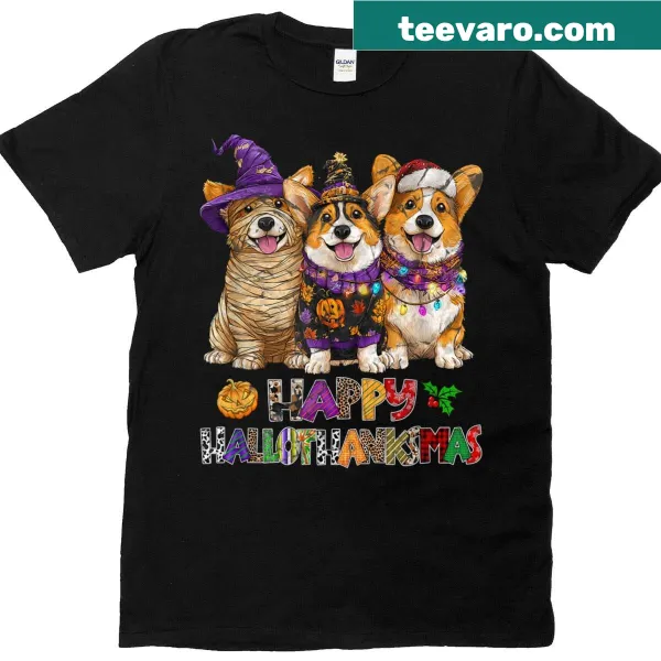 Corgi dogs with pumpkins and Christmas elements in a festive design.