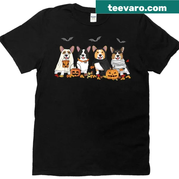 Halloween-themed t-shirt with a ghost corgi illustration