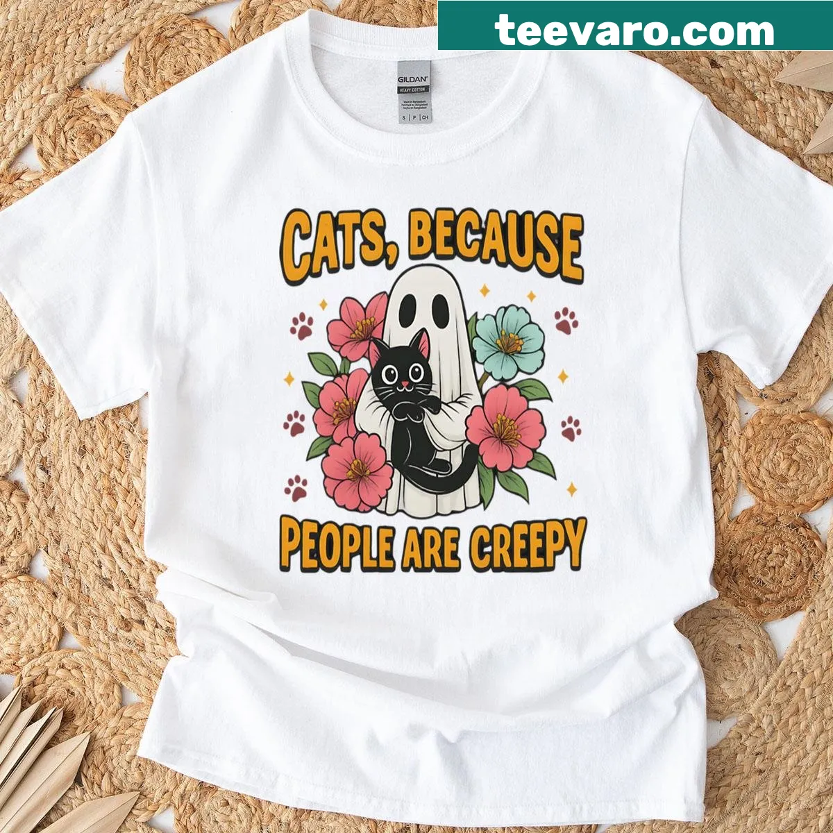 Cute oversized Halloween shirt with ghost cat design — on a men's t-shirt