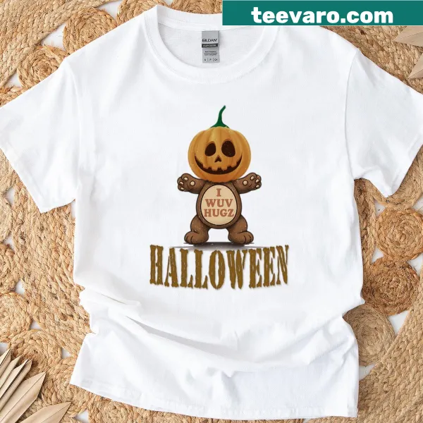 Halloween T-shirt with 'I Wuv Hugz' text and festive illustrations