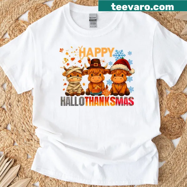 Whimsical cows celebrating Hallothanksmas on a t-shirt