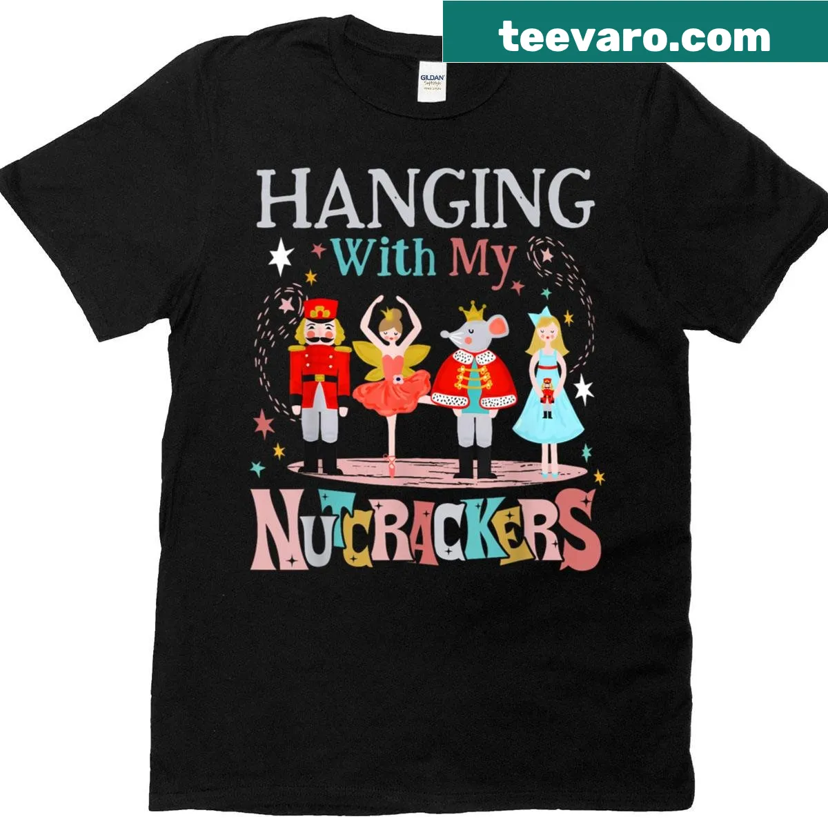 Christmas T-shirt with illustrated nutcrackers in ballet attire — on a men's t-shirt