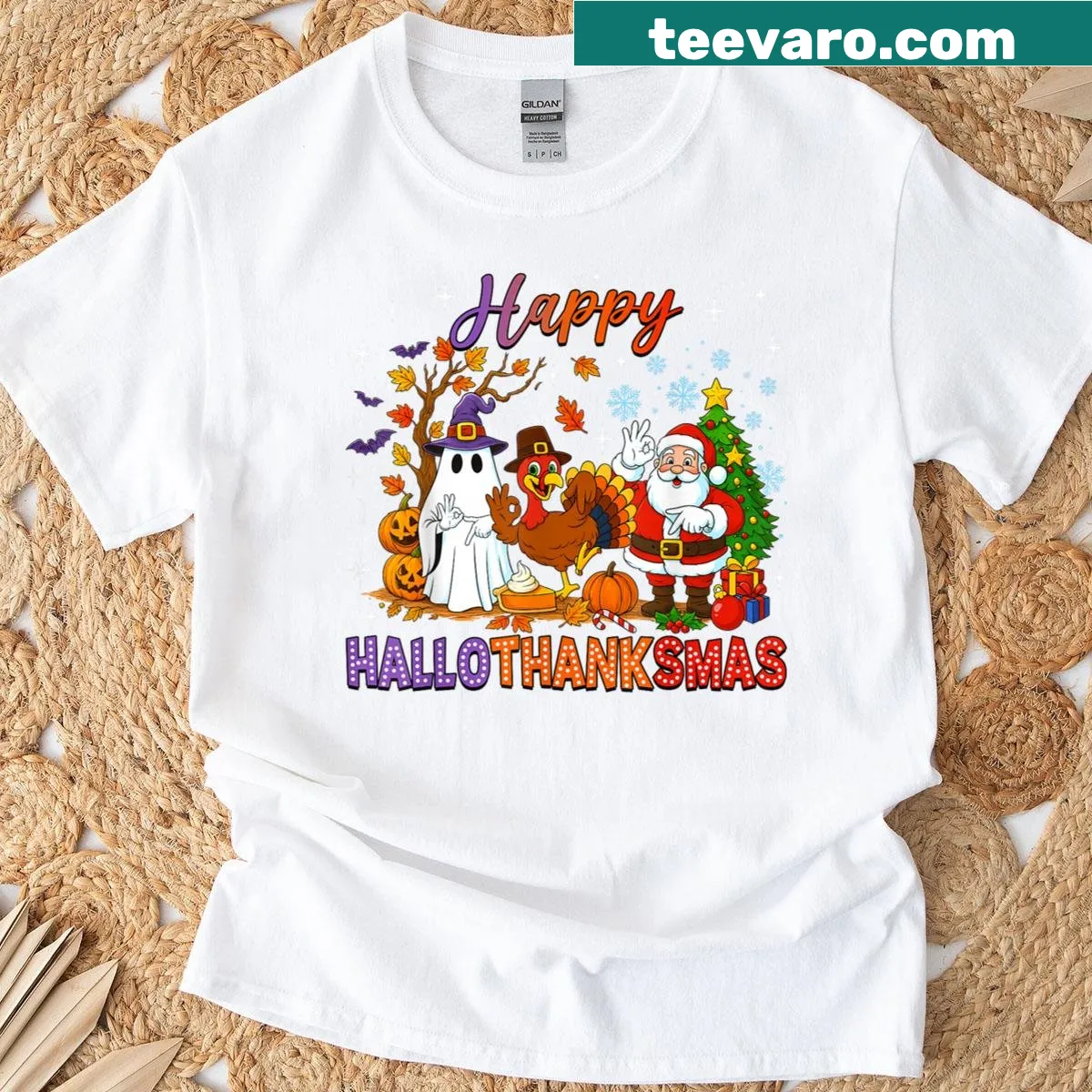 Illustrative design combining Halloween, Thanksgiving, and Christmas themes — on a men's t-shirt