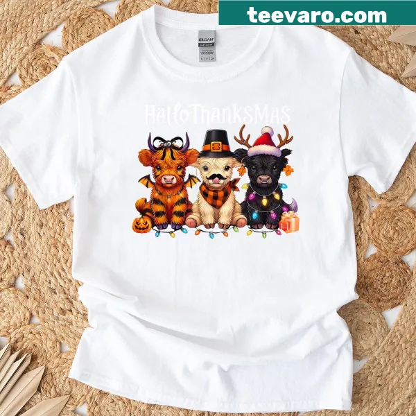 Whimsical shirt featuring a highland cow celebrating Halloween and Christmas