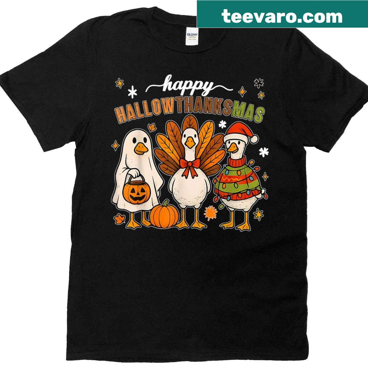 Holiday t-shirt with funny Hallothanksmas design — on a men's t-shirt