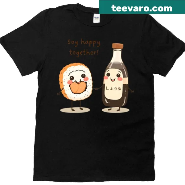 Playful retro T-shirt featuring happy sushi and soy designs