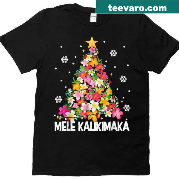 Tropical Christmas T-shirt featuring a Hawaiian floral tree illustration